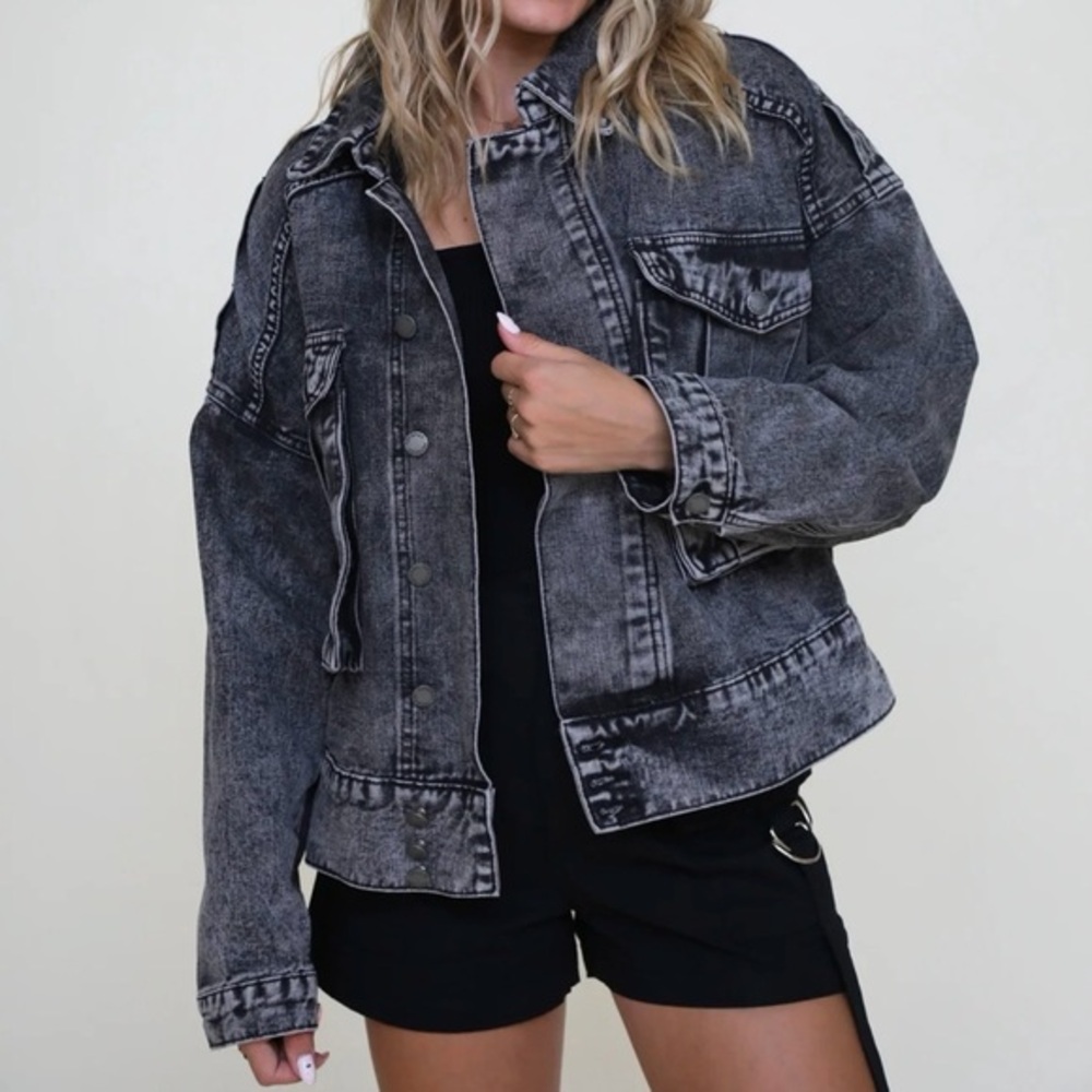 Veveret Size Large Womens‎ 90s Grunge Oversized Grey Stone Washed Denim Jacket